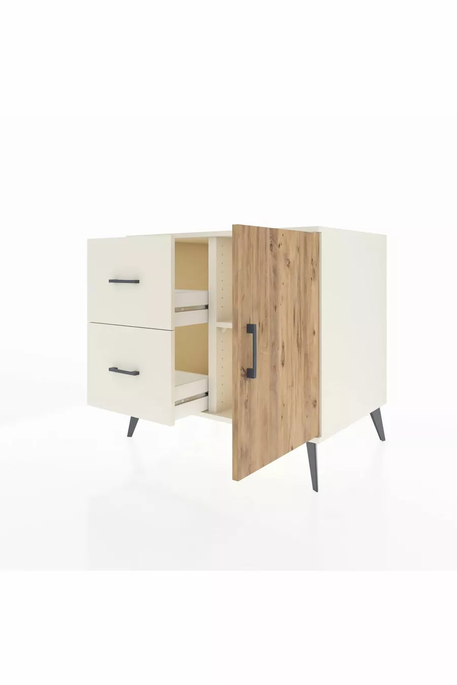 Commode Kronos à une étagère, 2 tiroirs et une porte, Pierre de Lune-Pin/Pierre de Lune