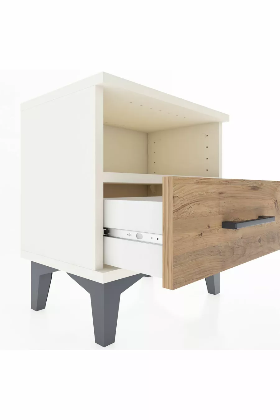 Table de chevet Arges avec une étagère et un tiroir, en pierre d'onyx et pin