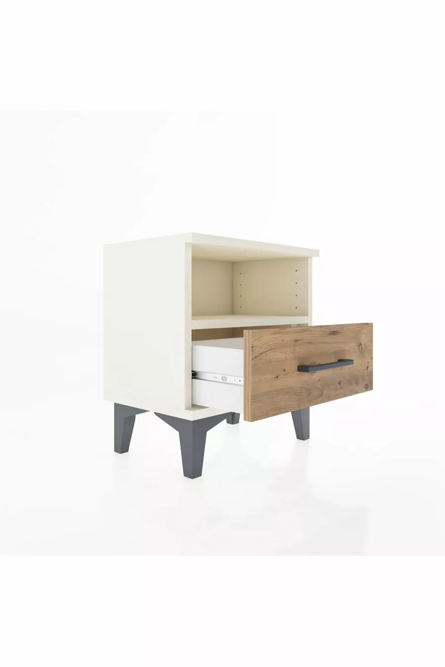 Table de chevet Arges avec une étagère et un tiroir, en pierre d'onyx et pin