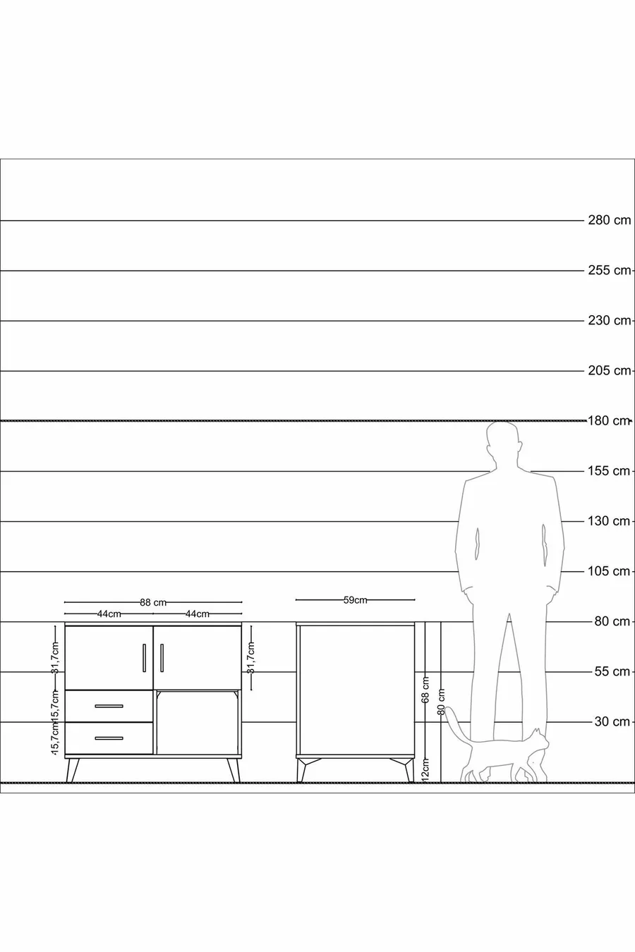 Commode Kronos 2 étagères 2 tiroirs 2 portes Anthracite-Anthracite/Sapin