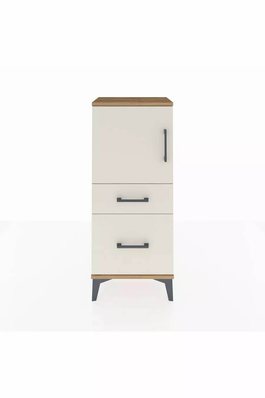 Table de chevet Arges avec 2 étagères, 2 tiroirs et 1 porte, en pin-pierre d'ardoise