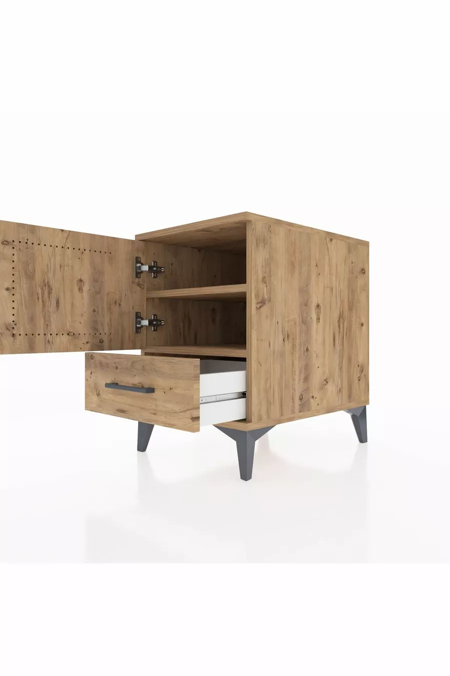 Table de chevet Kronos avec 2 étagères, 1 tiroir et 1 porte, pin-pin