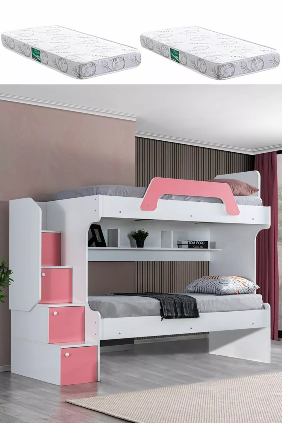 Lits superposés Ranza Inci 2 places - Rose 2 matelas confort