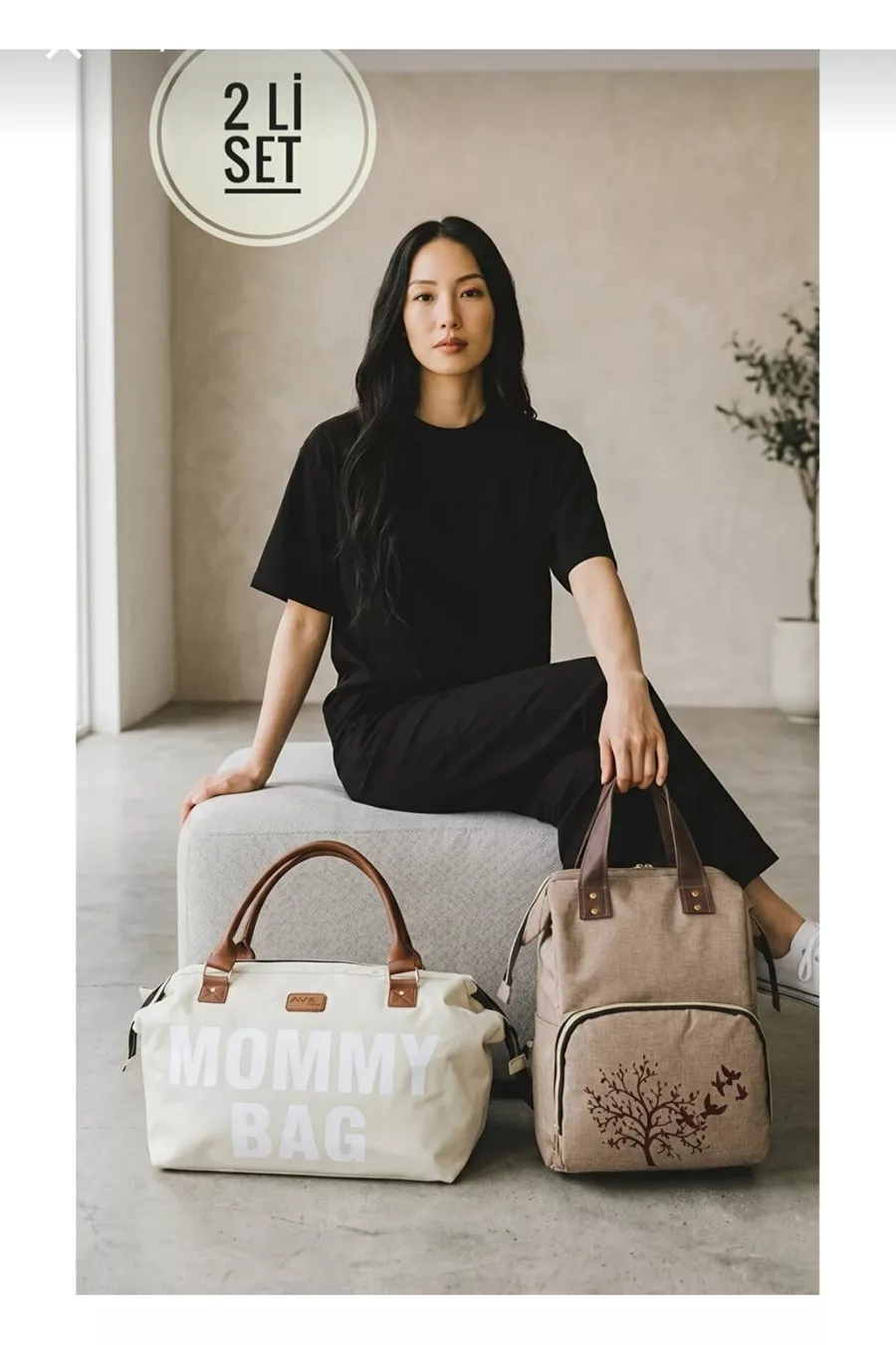 Ensemble de 2 pièces de luxe beige et bois Sac à dos pour soins mère-bébé et sac à main et sac à épaule pour mère-bébé