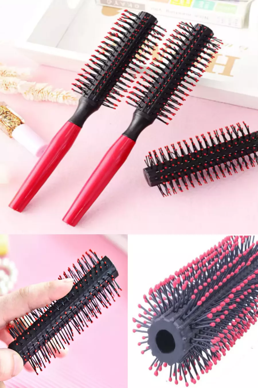 Brosse à cheveux ronde avec perles rouges, brosse à souffler fine pour hommes et femmes, brosse de soin capillaire pour salon de beauté