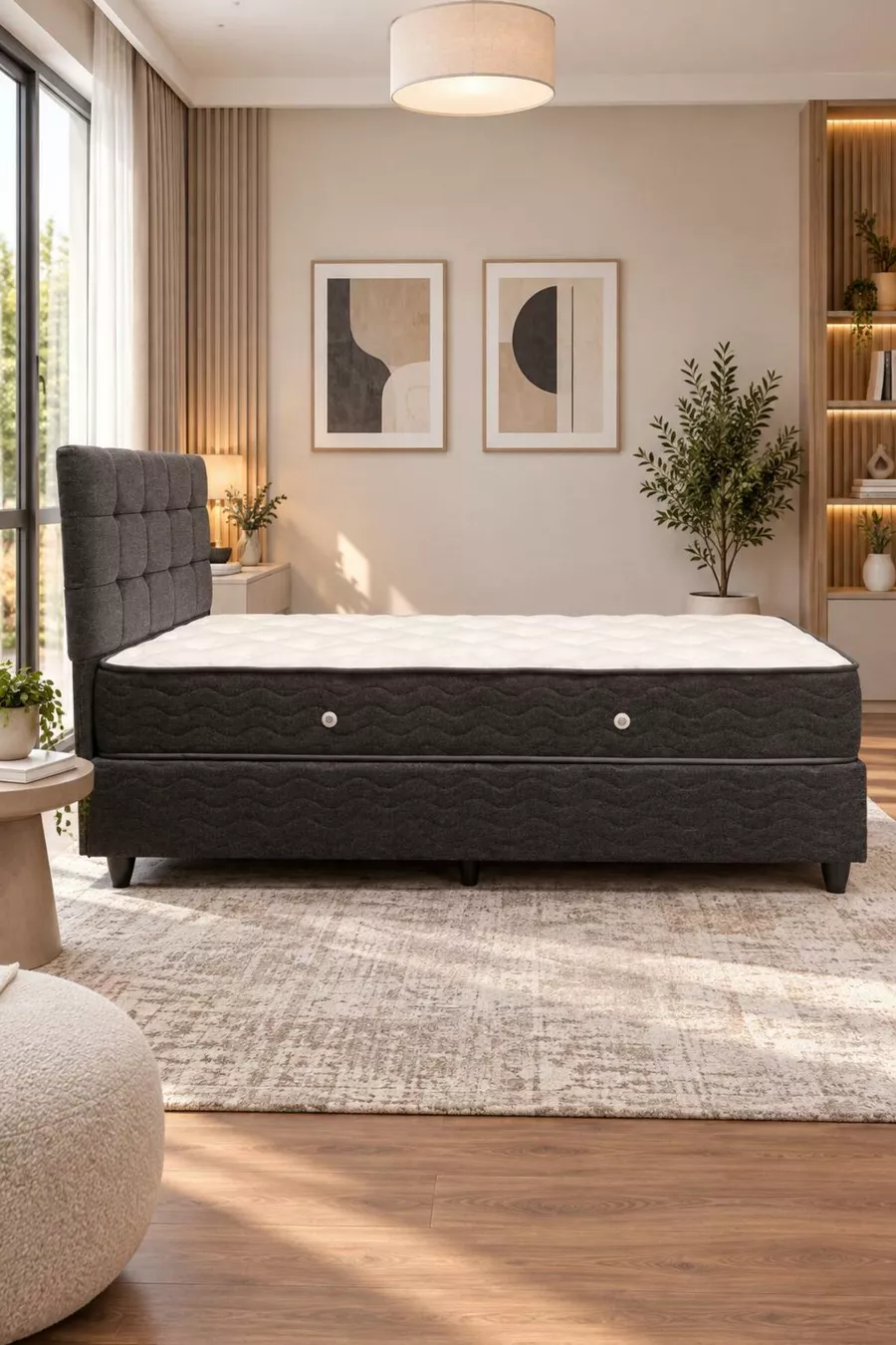 Ensemble de tête de lit et sommier coffre simple Bengü Anthracite 3 pièces Orthopédique Pratique avec grand espace de rangement