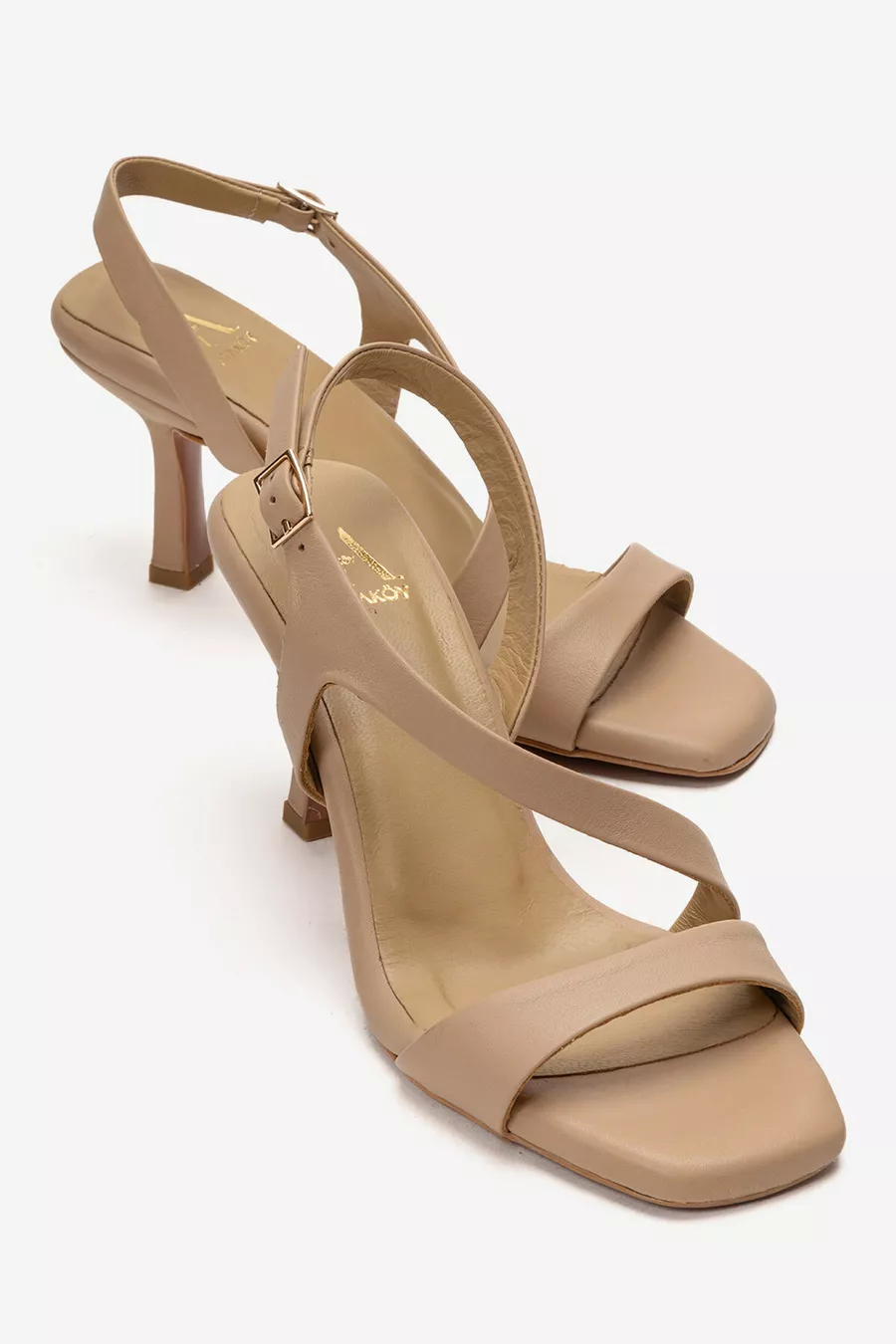 Sandales pour femme en cuir véritable, talon moyen fin, couleur beige
