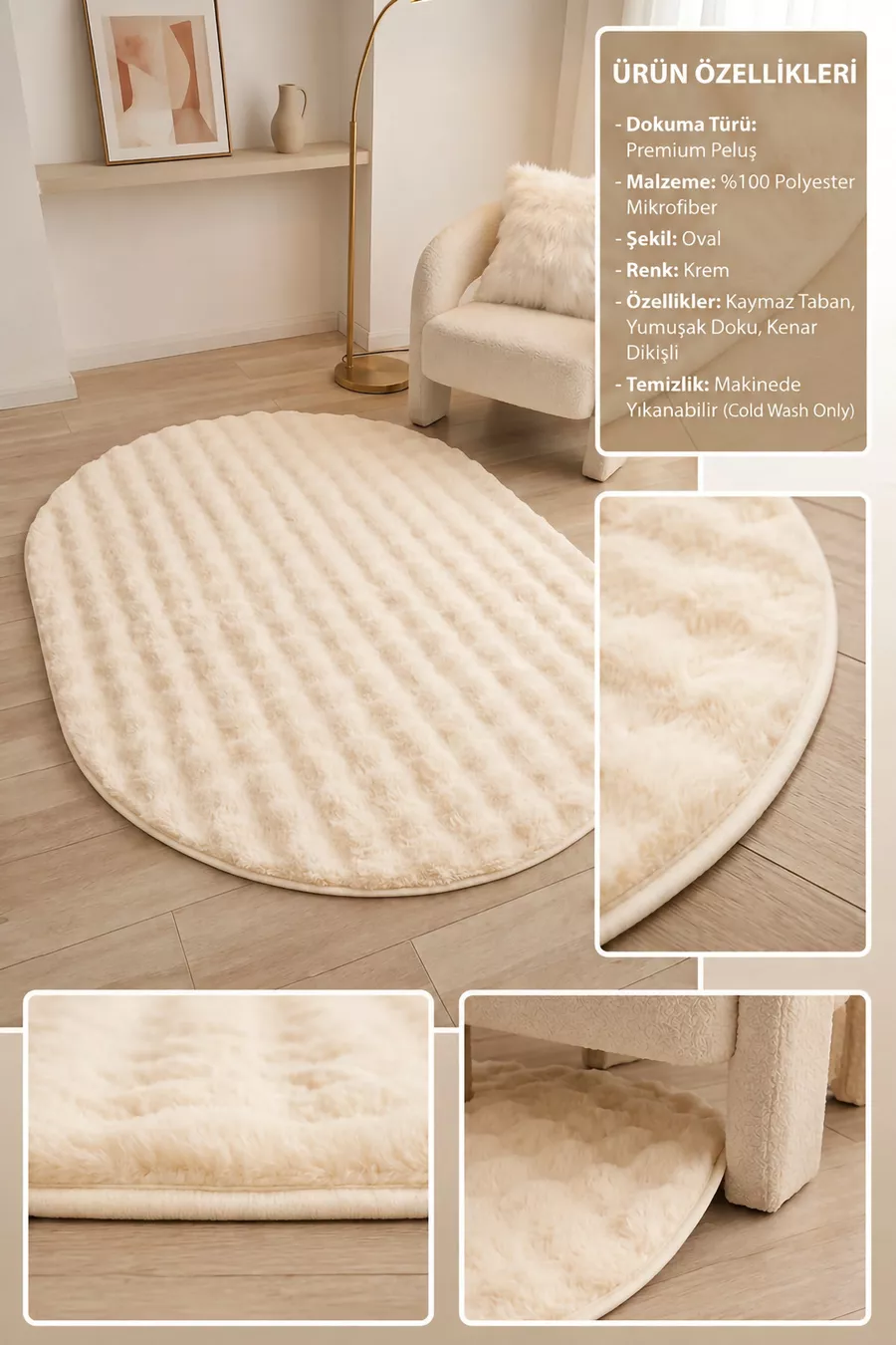 Tapis en peluche ovale crème avec dessous antidérapant, lavable, doux, pour salon et chambre