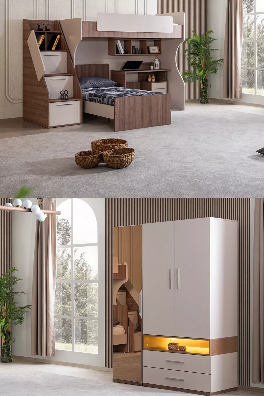 Lit superposé, ensemble chambre jeune Milano avec bureau double, lit superposé moderne + armoire moderne à trois portes