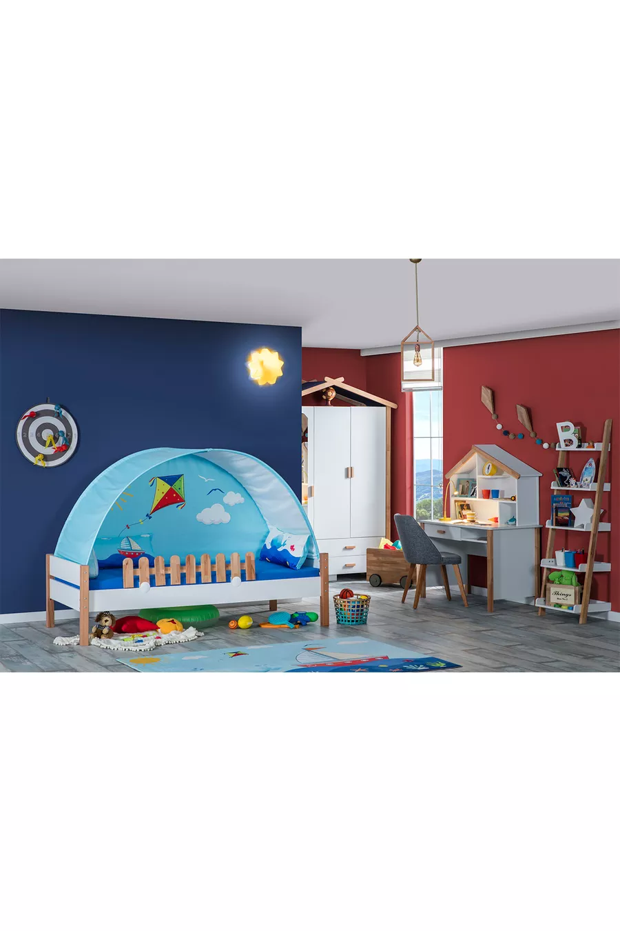 Ensemble Montessori pour Chambre d'Enfant My House avec Lit Superposé à Toboggan et Maison de Jeu Bleue