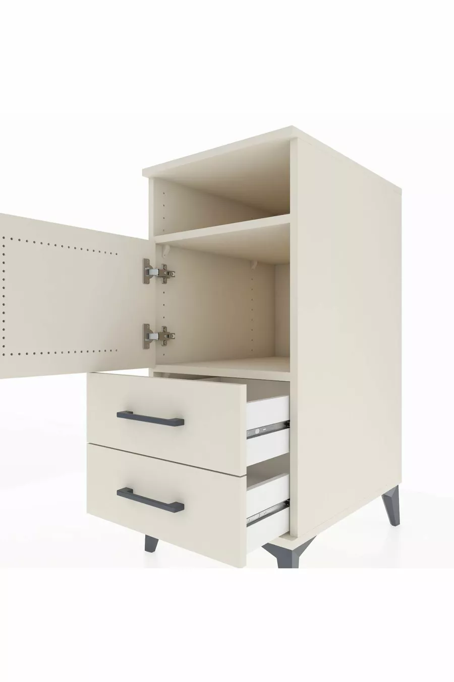 Table de chevet Kronos avec 2 étagères, 2 tiroirs et 1 porte, couleur Pierre de lune