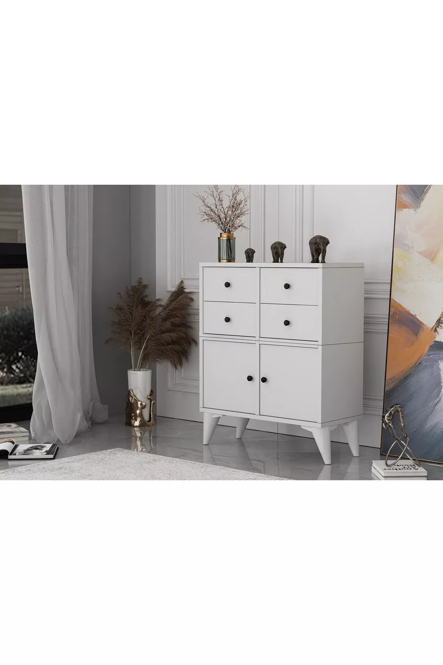 Commode blanche à pieds, deux portes, quatre tiroirs, sans baguette