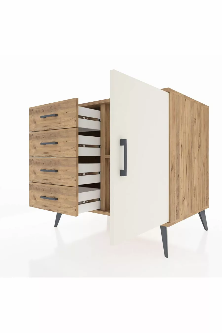 Commode Kronos avec une seule étagère, 4 tiroirs et une porte, Pin-Pierre d'onyx/Pin