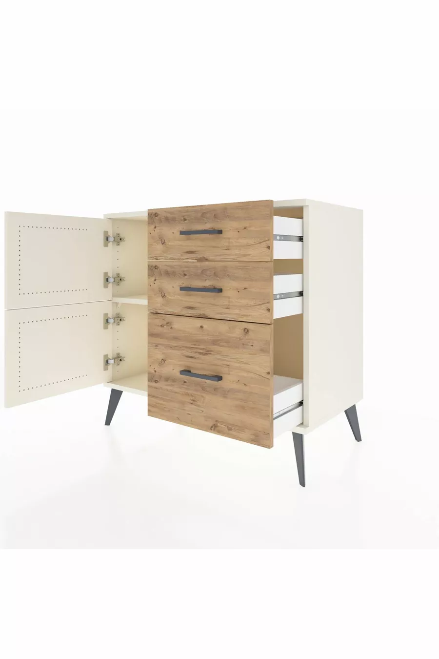 Commode Hyperion à une étagère, 3 tiroirs et 2 portes, Pierre de lune / Pin