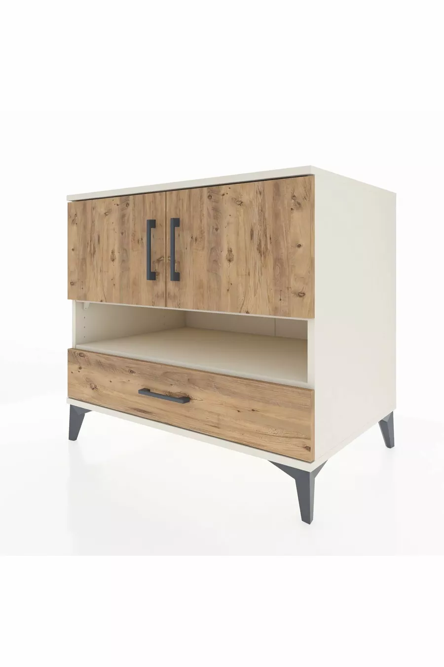 Commode Kronos avec 3 étagères, 1 tiroir et 2 portes, Pierre de Lune-Sapin