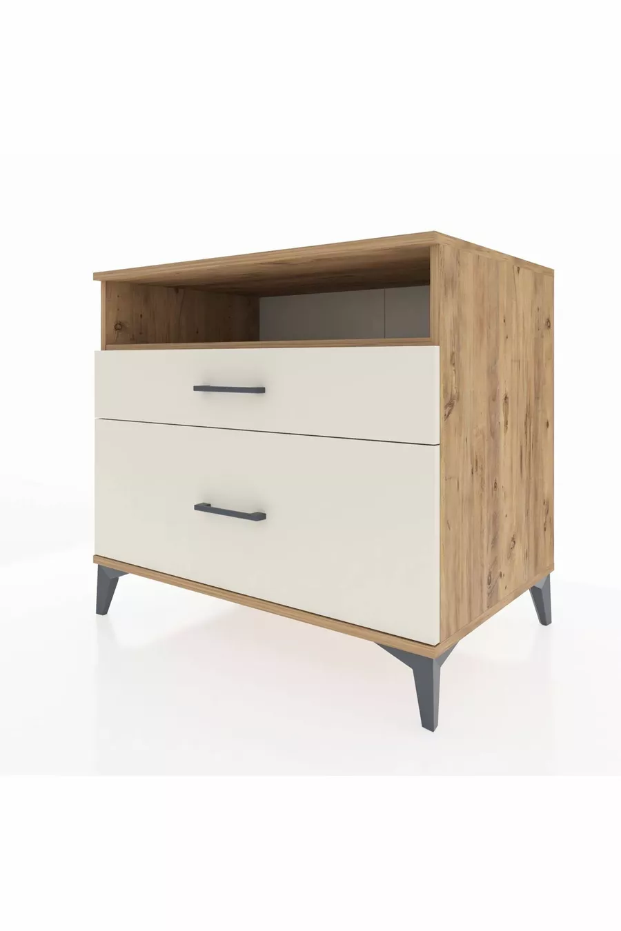 Commode Kronos à une étagère et 2 tiroirs en pin et pierre de lave