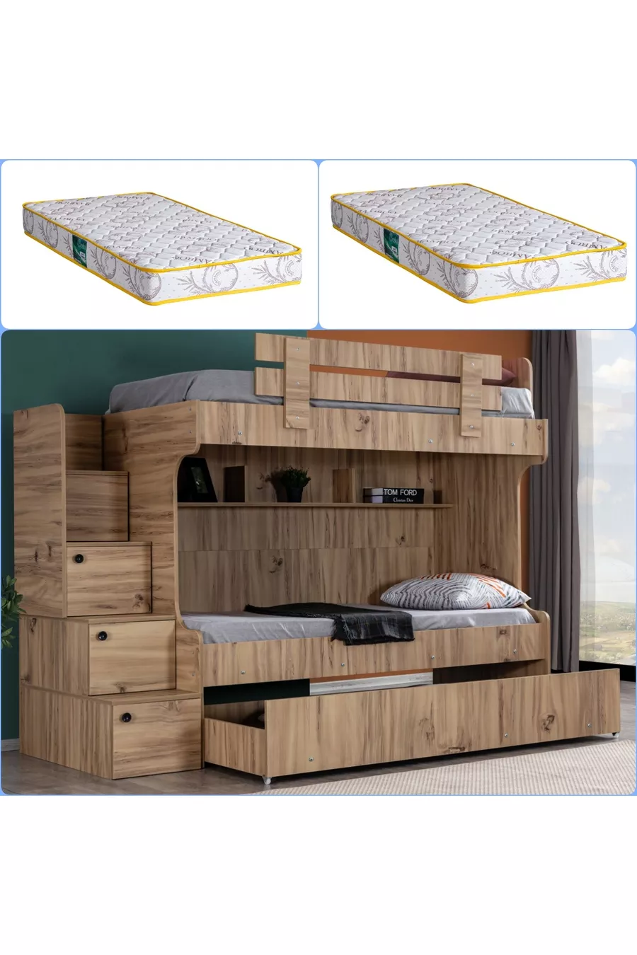 Lit superposé Viva avec tiroirs 2 matelas confort
