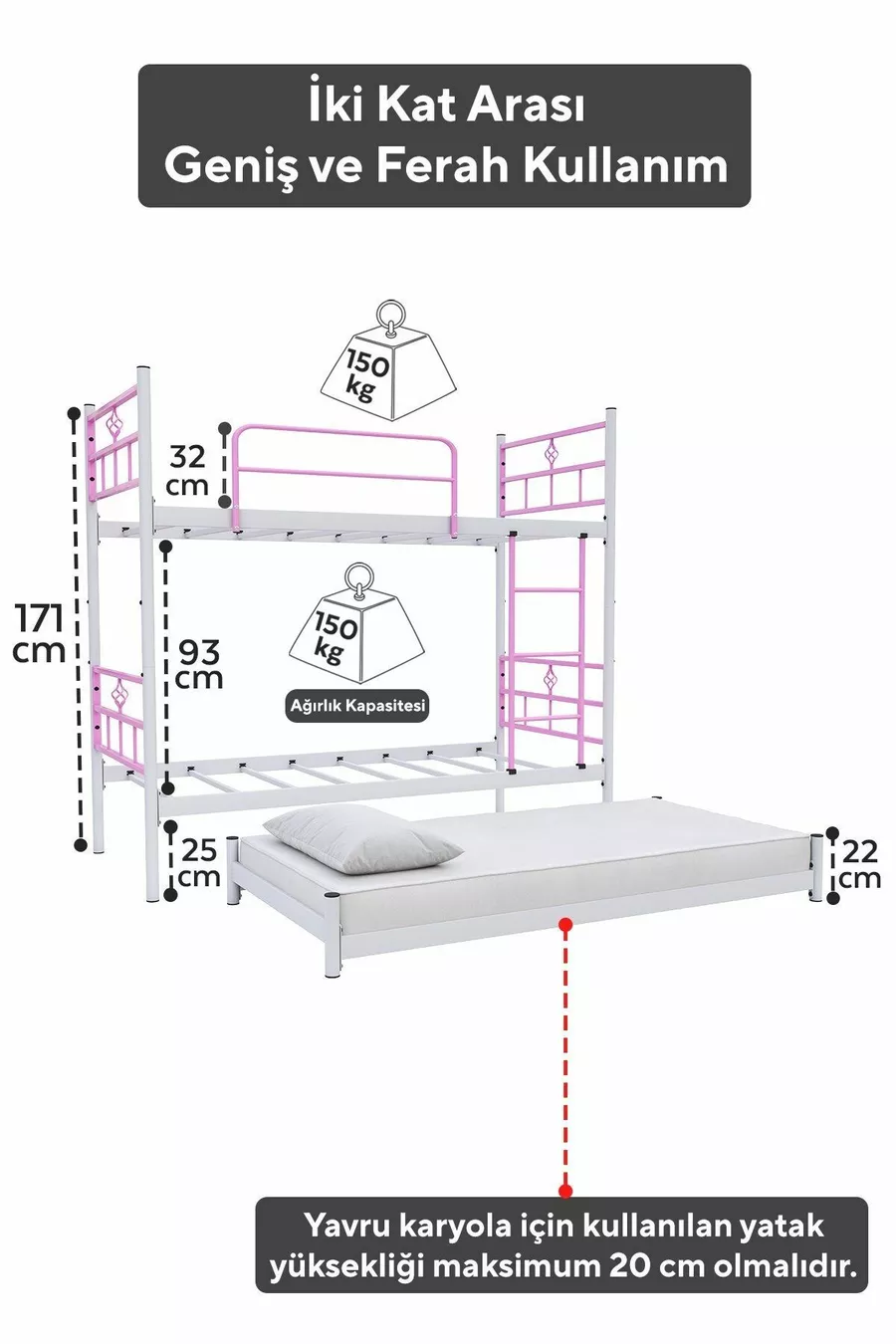 Lit superposé Koza avec tiroir pour 3 personnes, compatible avec matelas, métal rose clair