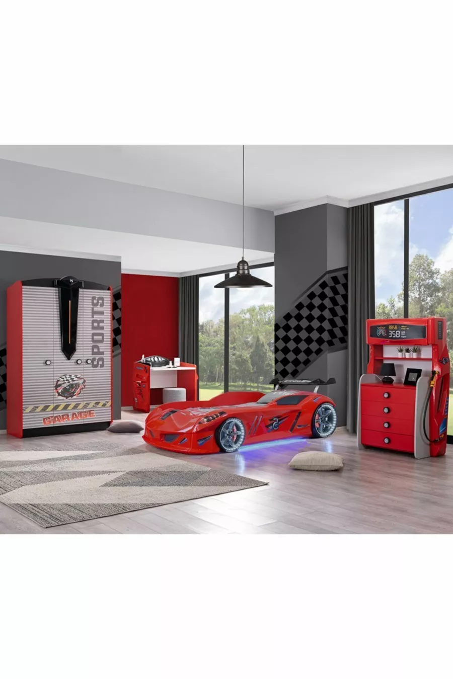 Chambre d'enfant - Lit avec voiture Jaguar et pare-vent - Armoire à 3 portes, bureau, commode - Rouge