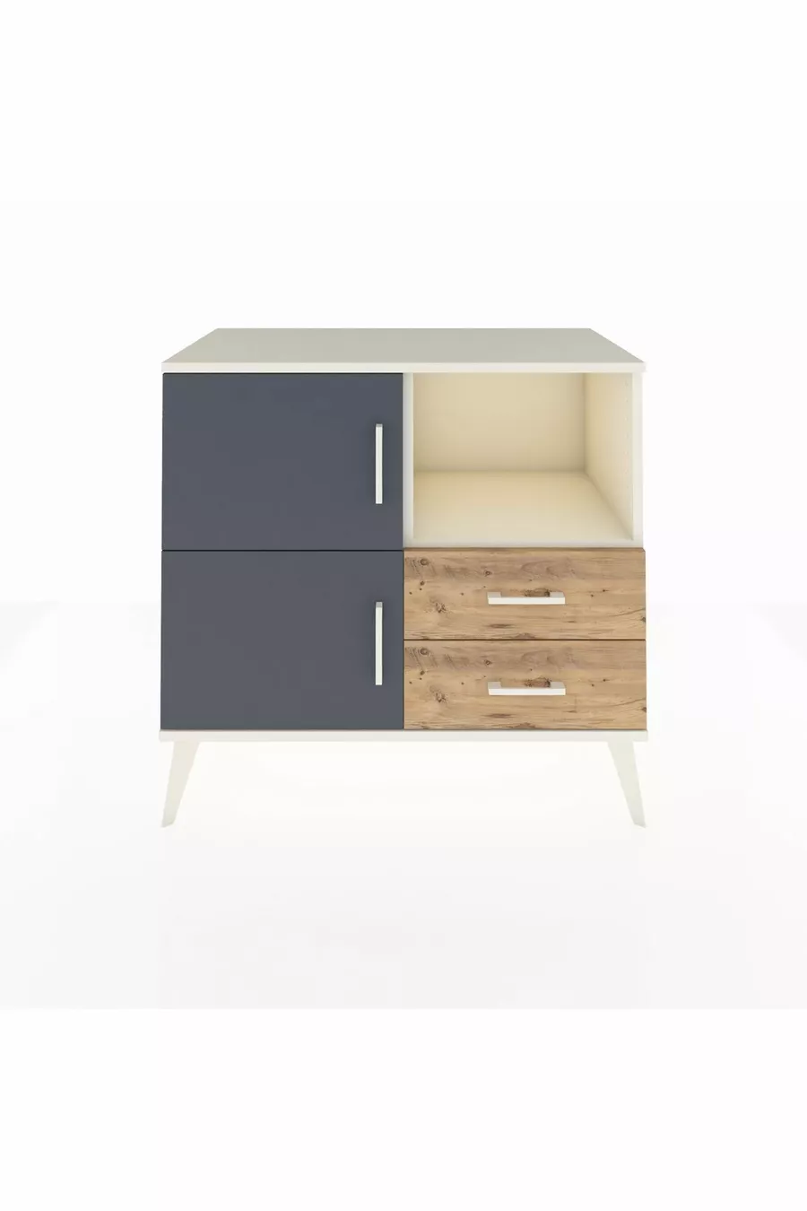 Commode Hyperion 2 étagères 2 tiroirs 2 portes Pierre de lune-Anthracite/Pin