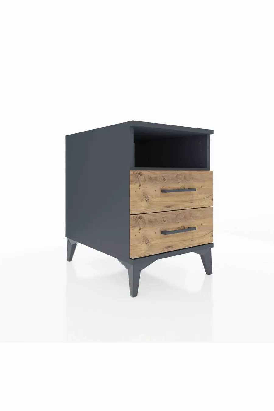 Table de chevet Kronos avec une étagère et 2 tiroirs Anthracite-Bois de pin