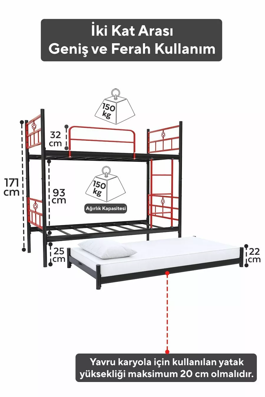 Lit superposé Koza avec tiroirs, compatible avec trois personnes, métal rouge