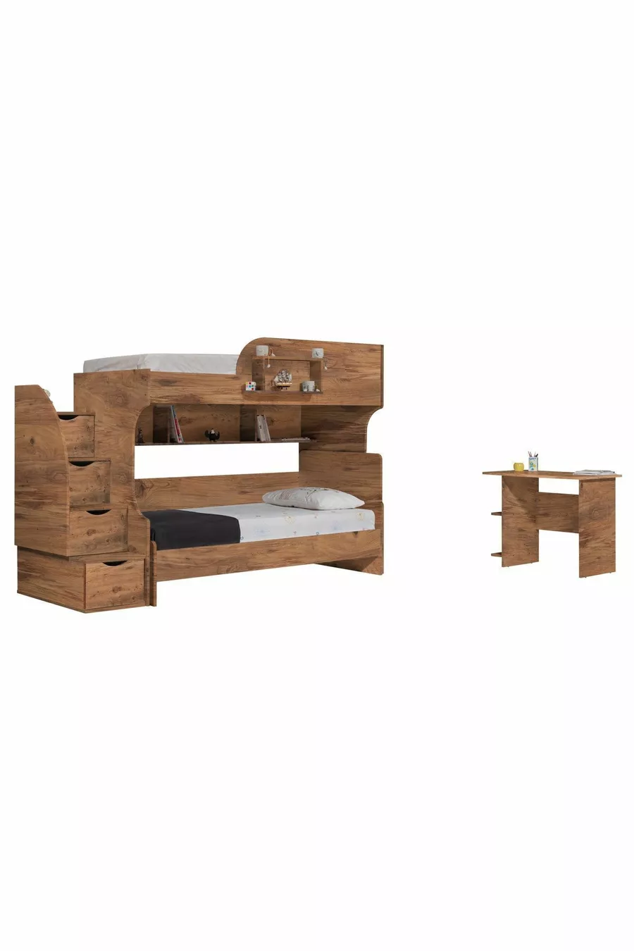 Lit superposé, Lit Aura avec bureau et armoire 3 portes, Noyer foncé