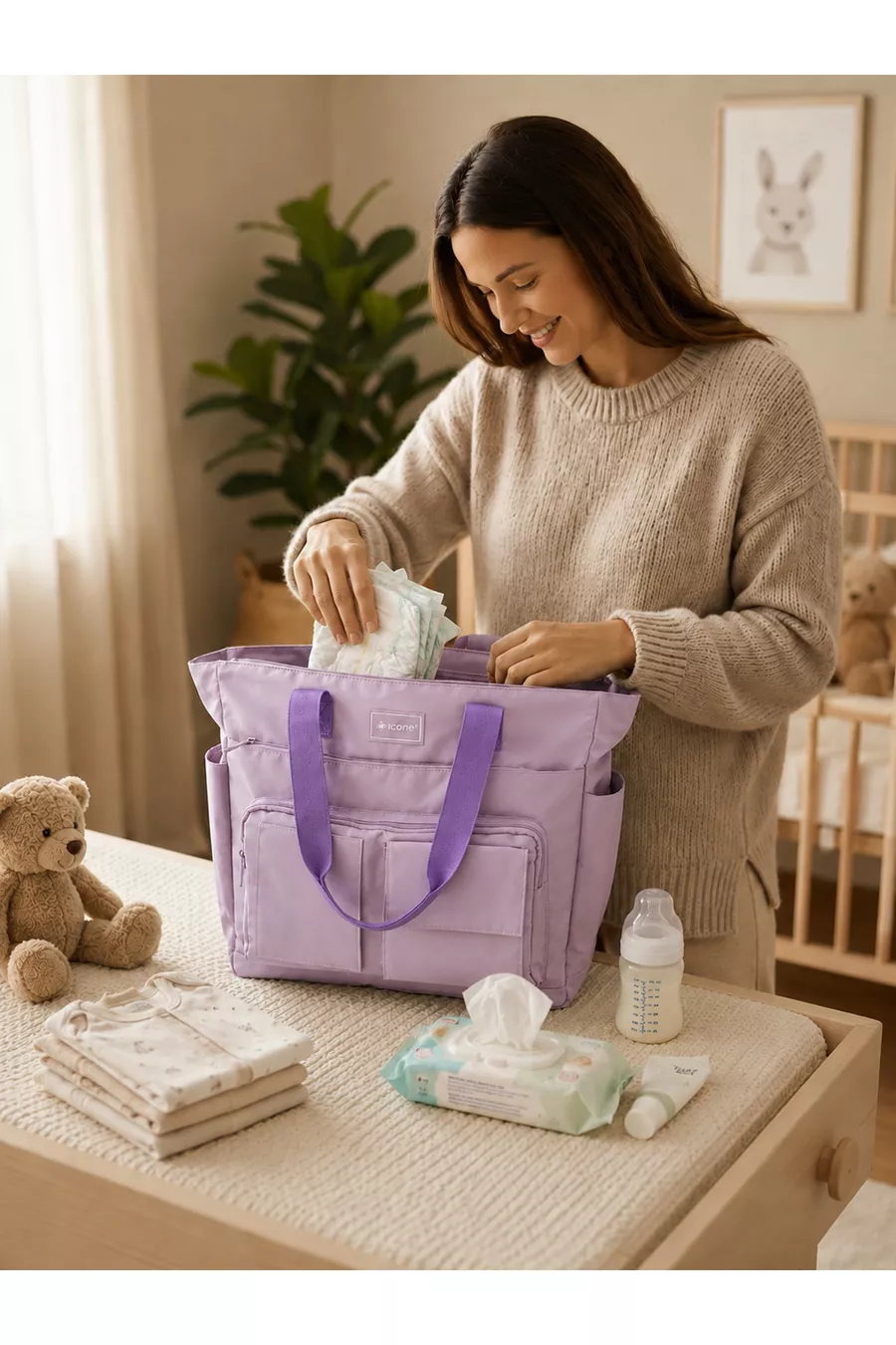 Sac Quotidien Hydrofuge - Compartiment pour Ordinateur Portable, Détails Matelassés, Multi-Poches, Poche pour Biberon, Accessoire de Valise, Sac Maman Violet, Sac de Soins pour Bébé Violet, Sac de Maman