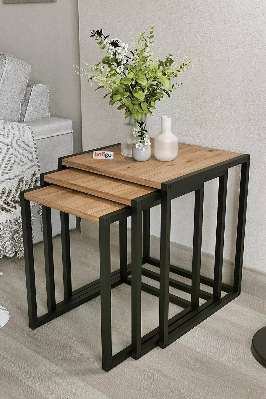 Table d'appoint en métal triple, table gigogne, table basse, table d'appoint latérale, pin Toros