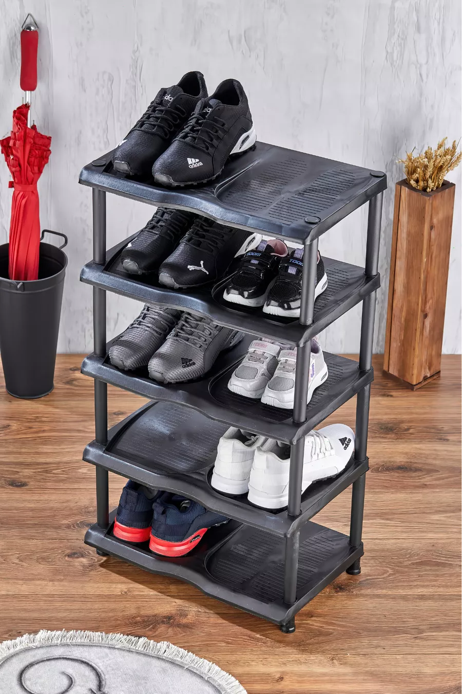 Meuble à chaussures en plastique à 5 niveaux - Organisateur d'étagère à chaussures compartimentée
