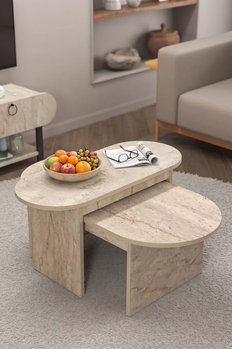 Table basse et table d'appoint ensemble de 2 en travertin