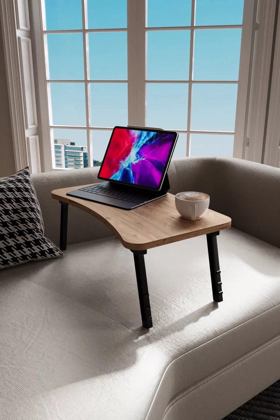 Tablette pour ordinateur portable Table de petit-déjeuner mobile Table de travail pliante Bois de pin Atlantique