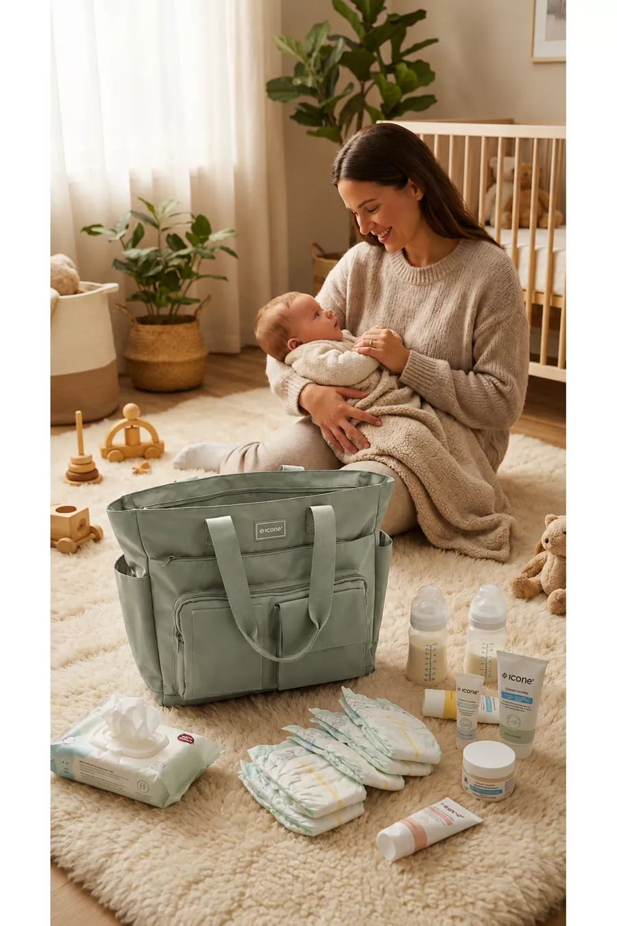 Sac à dos quotidien pour eau - Compartiment pour ordinateur portable, Détails matelassés, Multiples poches, Poche pour biberon, Accessoire pour valise, Sac maman bébé vert, Sac de soins pour bébé vert