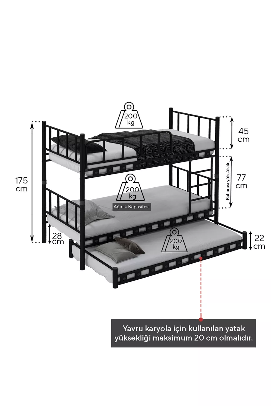 Chambre d'enfant jeune avec lit superposé et lit métallique  blanc Zambak Yavrulu