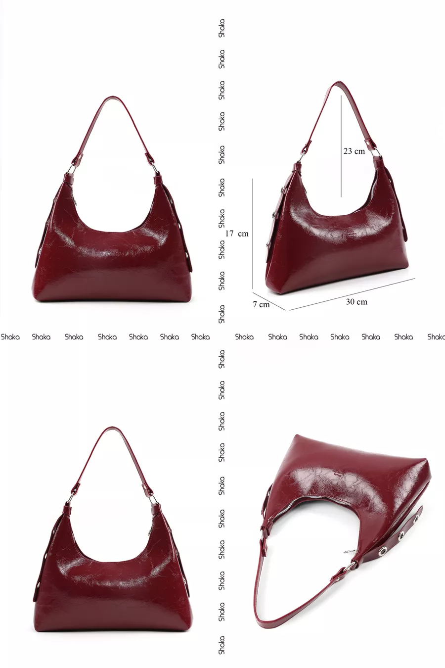 Sac à main et à épaule pour femme en cuir synthétique bordeaux à texture froissée, modèle , à un compartiment, forme baguette