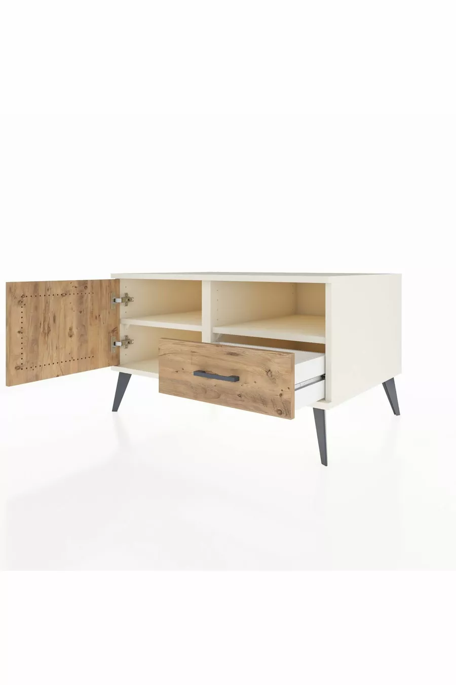 Commode Kronos 2 étagères, 1 tiroir, 1 porte, Pierre de lune-Pin