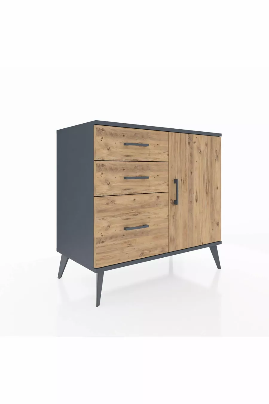 Commode Hyperion à une étagère, 3 tiroirs et une porte, Anthracite-Bois de pin