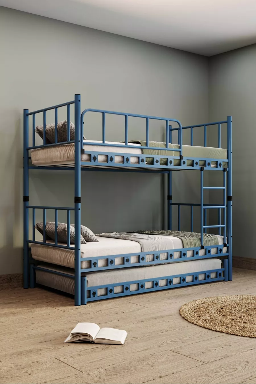 Chambre d'enfant pour jeunes Zambak avec lit superposé et lit simple en métal Bleu marine