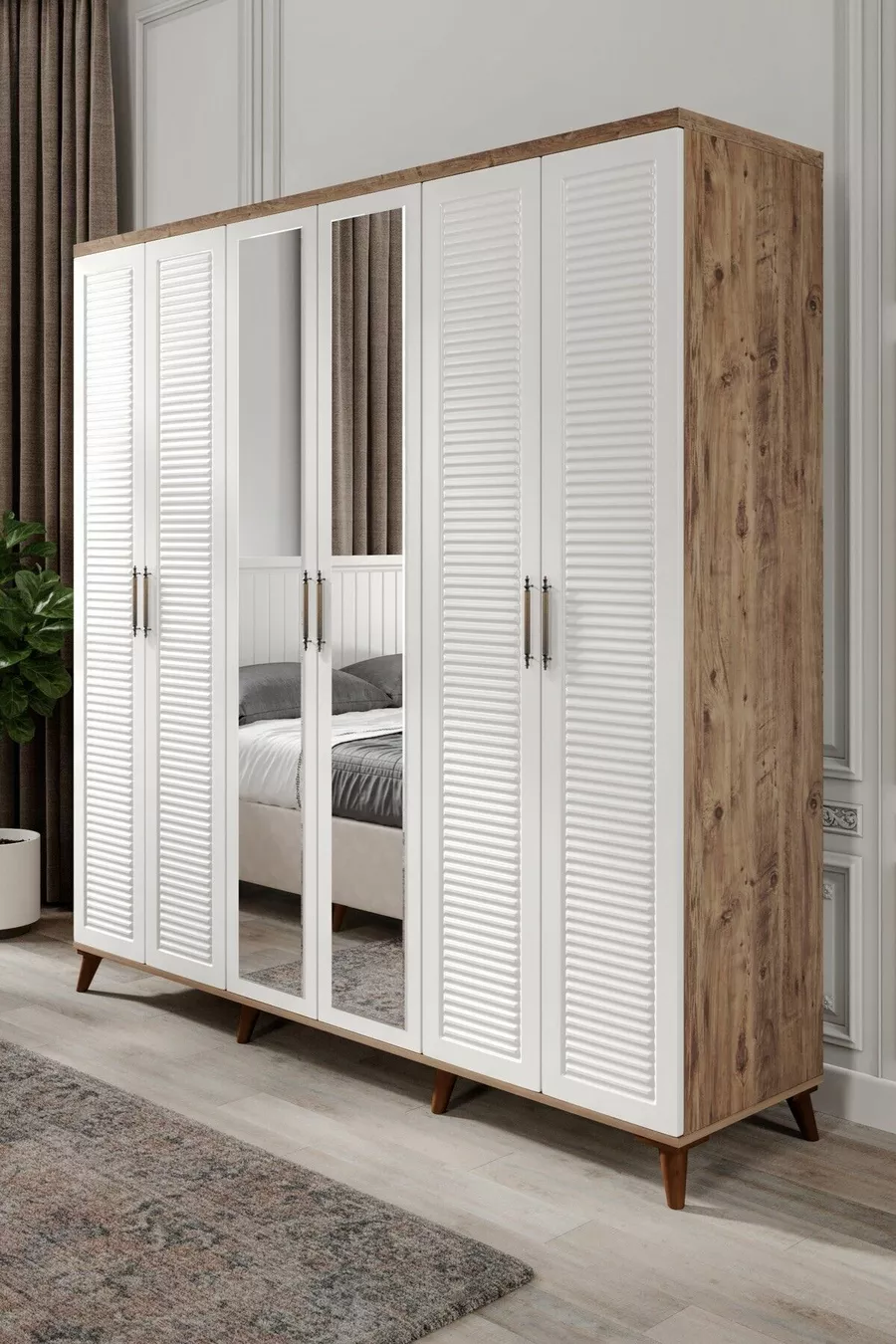 Ensemble de chambre à coucher en MDF complet Paris à 6 portes, pin Atlantique blanc (avec sommier)