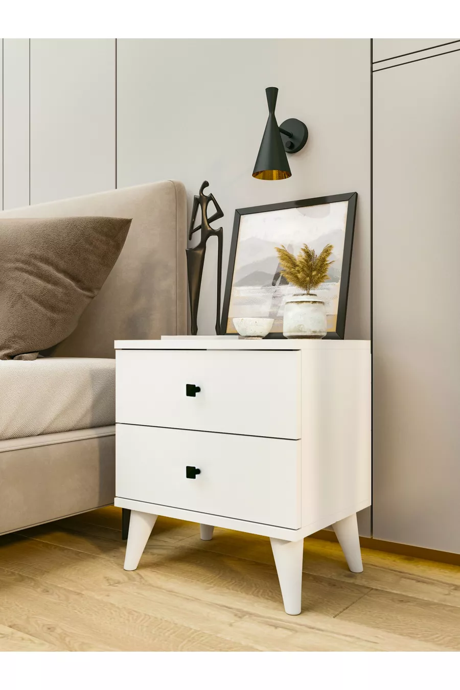 Table de chevet blanc brillant à 2 tiroirs pour chambre à coucher