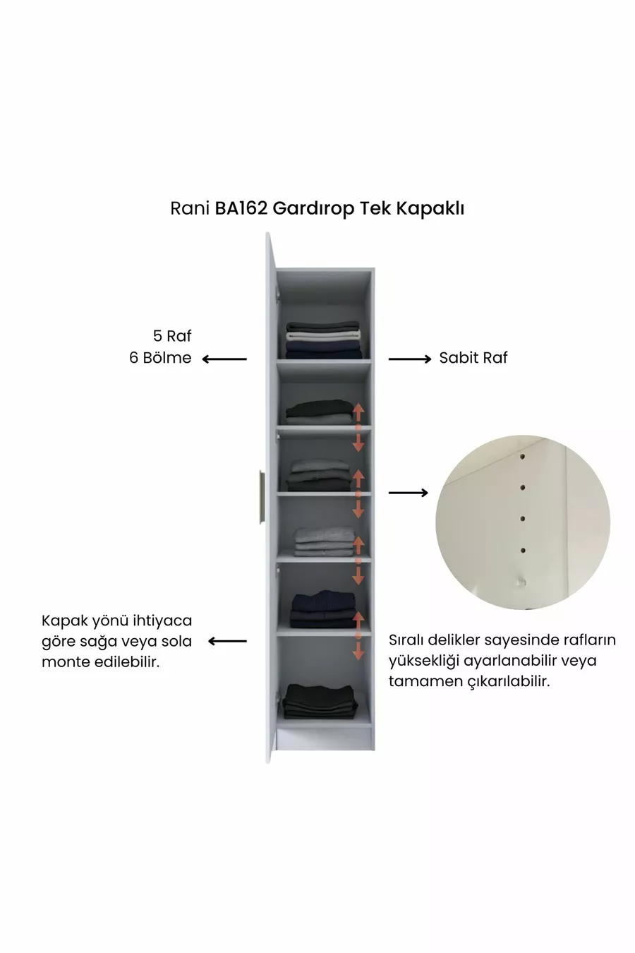 Armoire Rani  à une porte avec 5 étagères pour vêtements, blanche