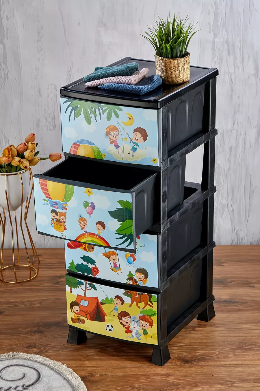 Chevet en plastique à 4 tiroirs avec motif enfant imprimé - pour jouets - panier à jouets