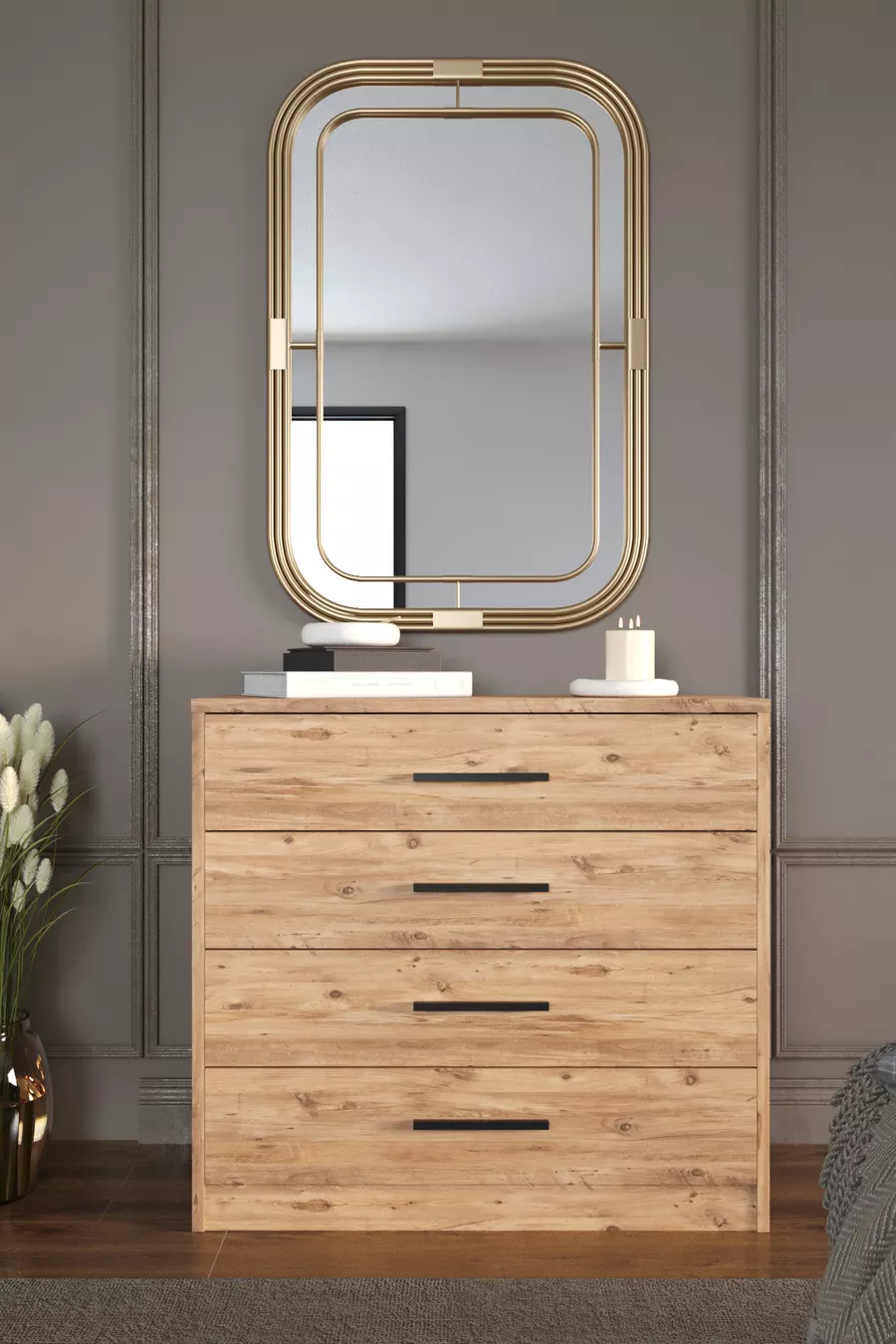 Commode Mira à 4 tiroirs, poignées noires, pin Atlantique, cm