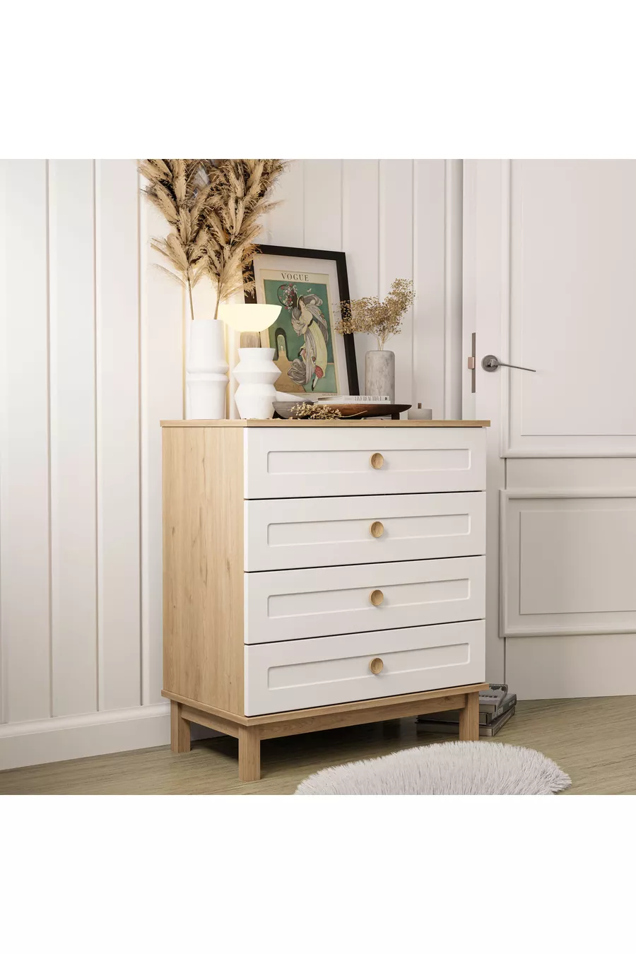 Commode à 4 tiroirs avec portes en MDF à ouverture télescopique (pieds en profilé MDF) - Blanc