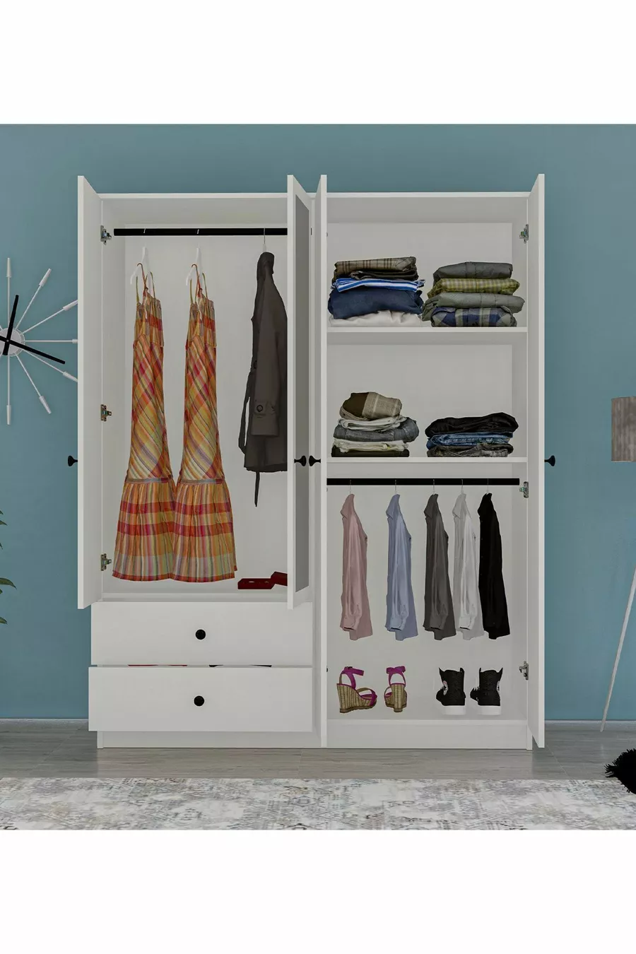 Armoire 4 portes 2 tiroirs GM  Novado avec poignées boutons et miroir