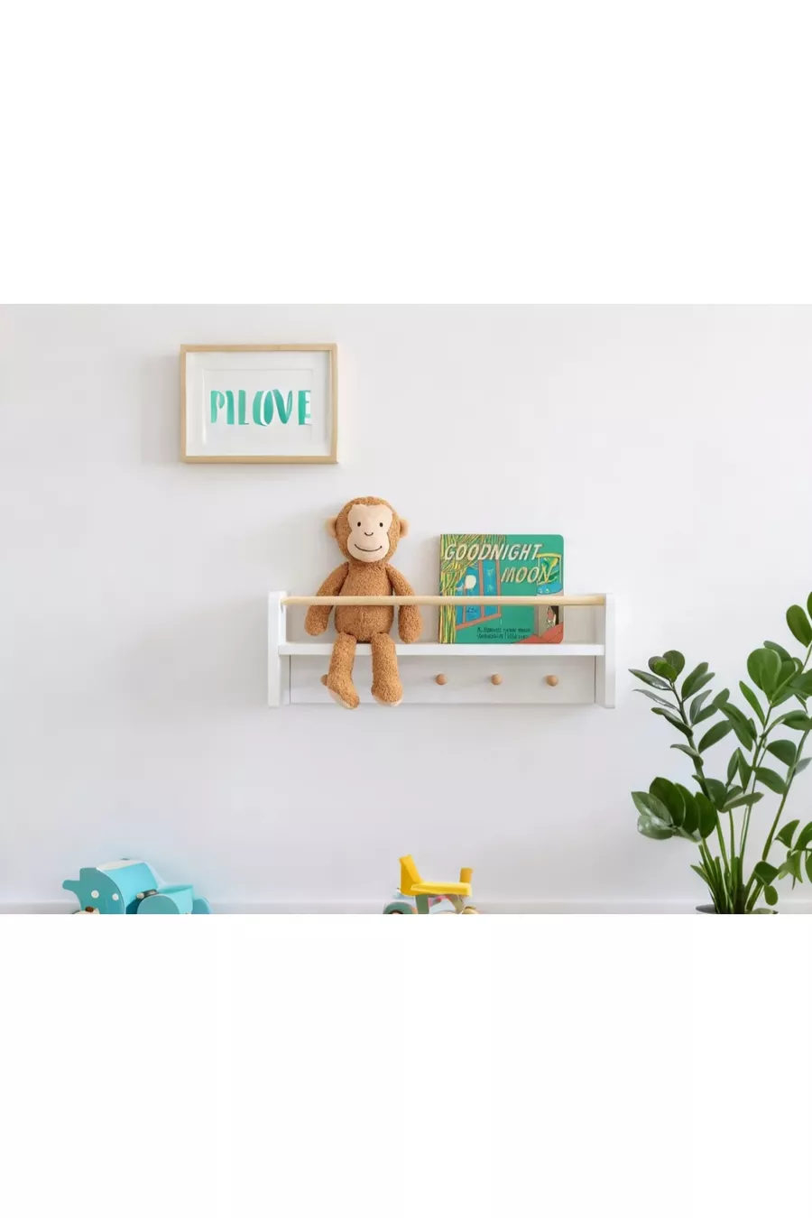 Bibliothèque murale Montessori à 2 étagères avec crochets, MDF blanc