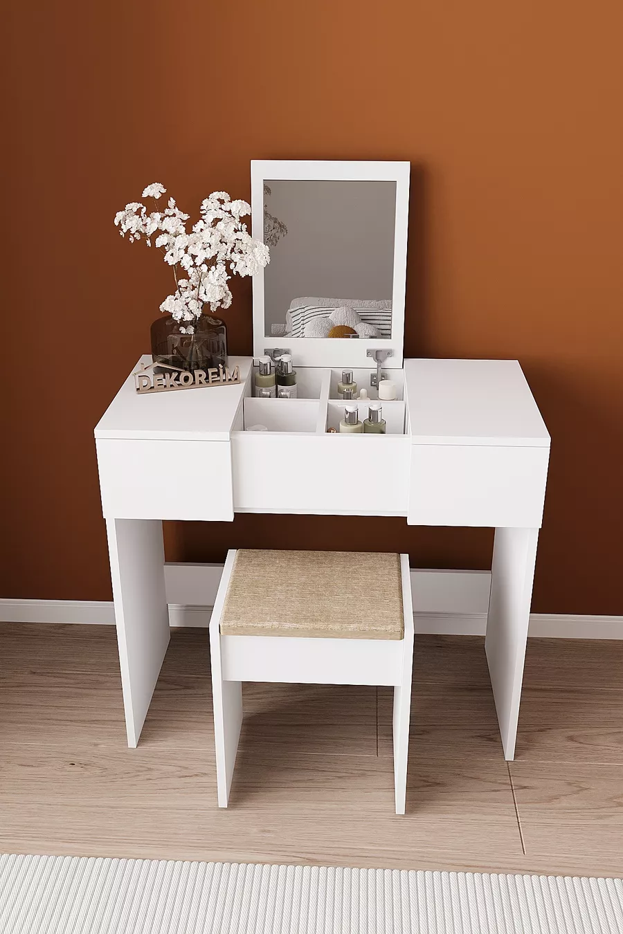 Coiffeuse avec miroir, pouf et tiroirs B Anka, blanc, avec organisateur pour chambre à coucher et siège