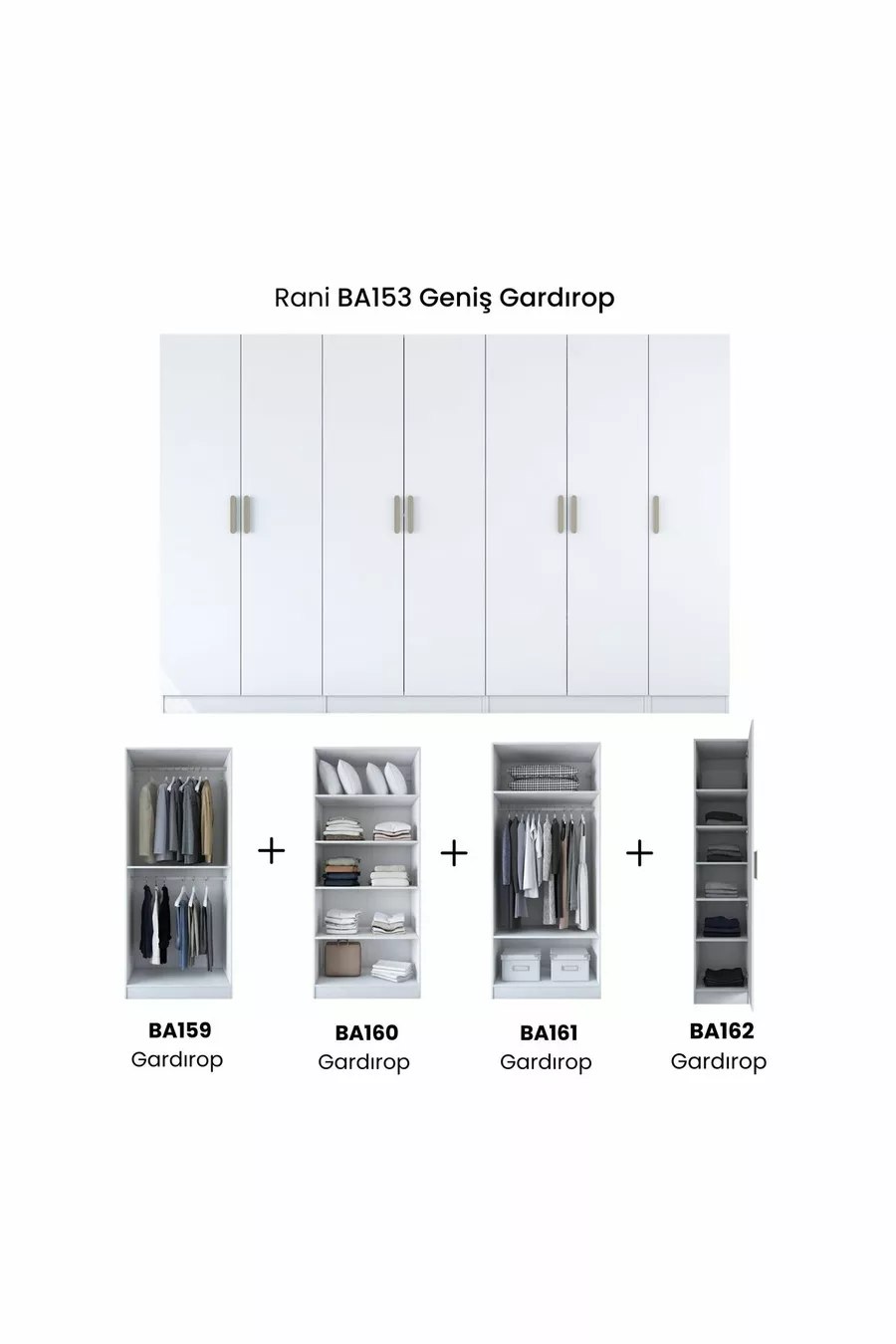 Rani  Armoire Spacieuse Armoire à Vêtements 7 Portes  Étagères 3 Penderies Armoire Modulaire Blanche