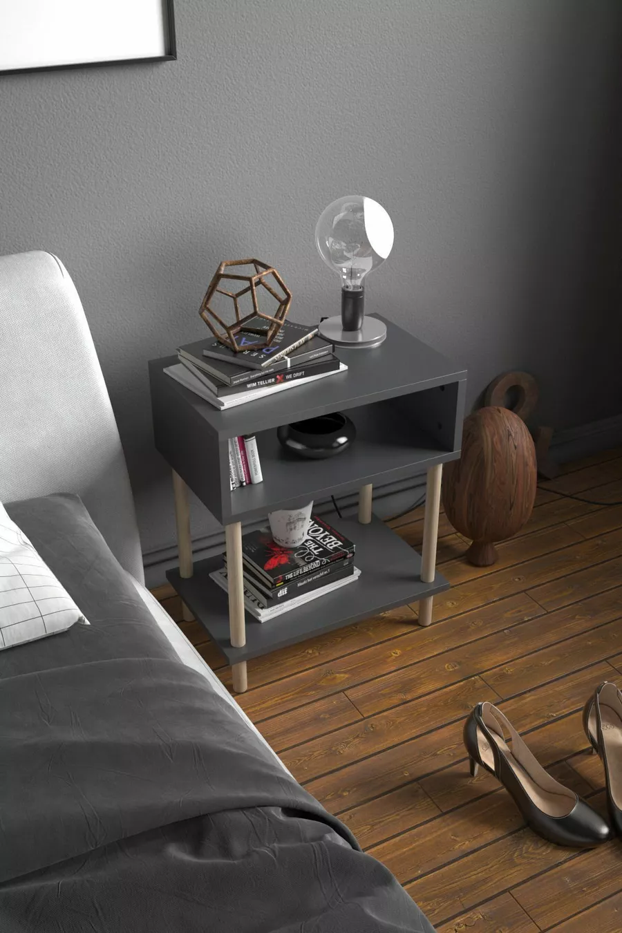 Table de chevet moderne à 2 étagères pour chambre à coucher, organisateur de chevet avec pieds en bois - Anthracite