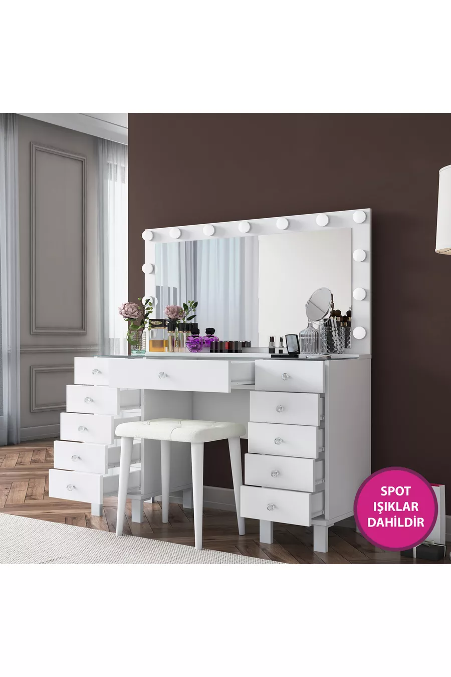 Rani Coiffeuse de Coulisses avec Miroir Illuminé Hollywood, Ensemble avec Tiroirs, Organisateur de Bijoux et Pouf, Blanc